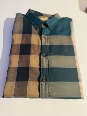 Burberry Teal and Beige Plaid Button-Down Collar Shirt